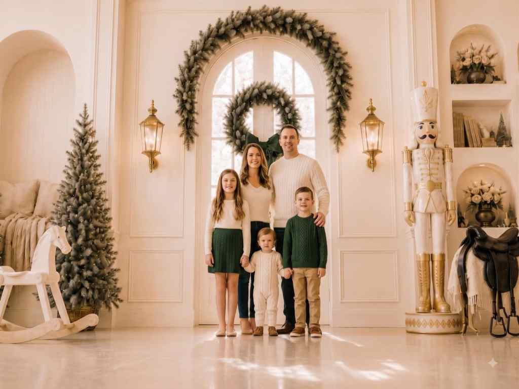 Una familia de cinco en tonos crema y verde bosque bajo la luz de la ventana en el set El Cascanueces