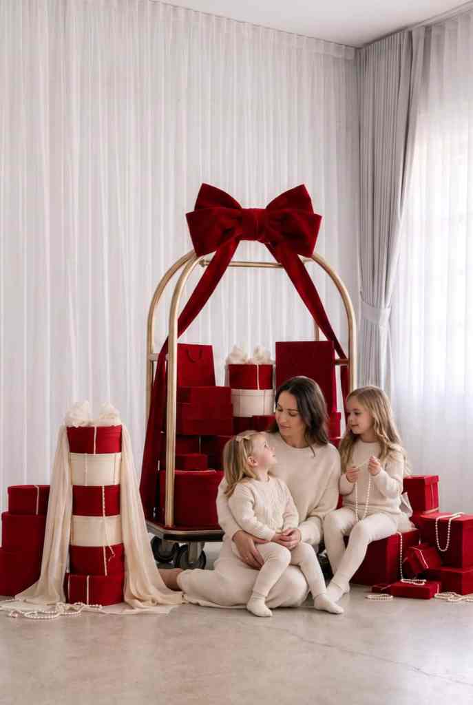 Una madre y sus dos hijas sentadas entre cajas de regalo de terciopelo rojo en el set Grand Lobby
