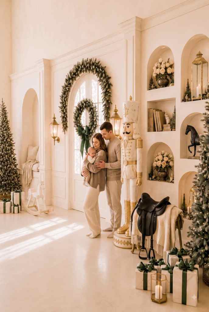 Una pareja con su bebé junto a los nichos y la silla de montar en el set navideño El Cascanueces