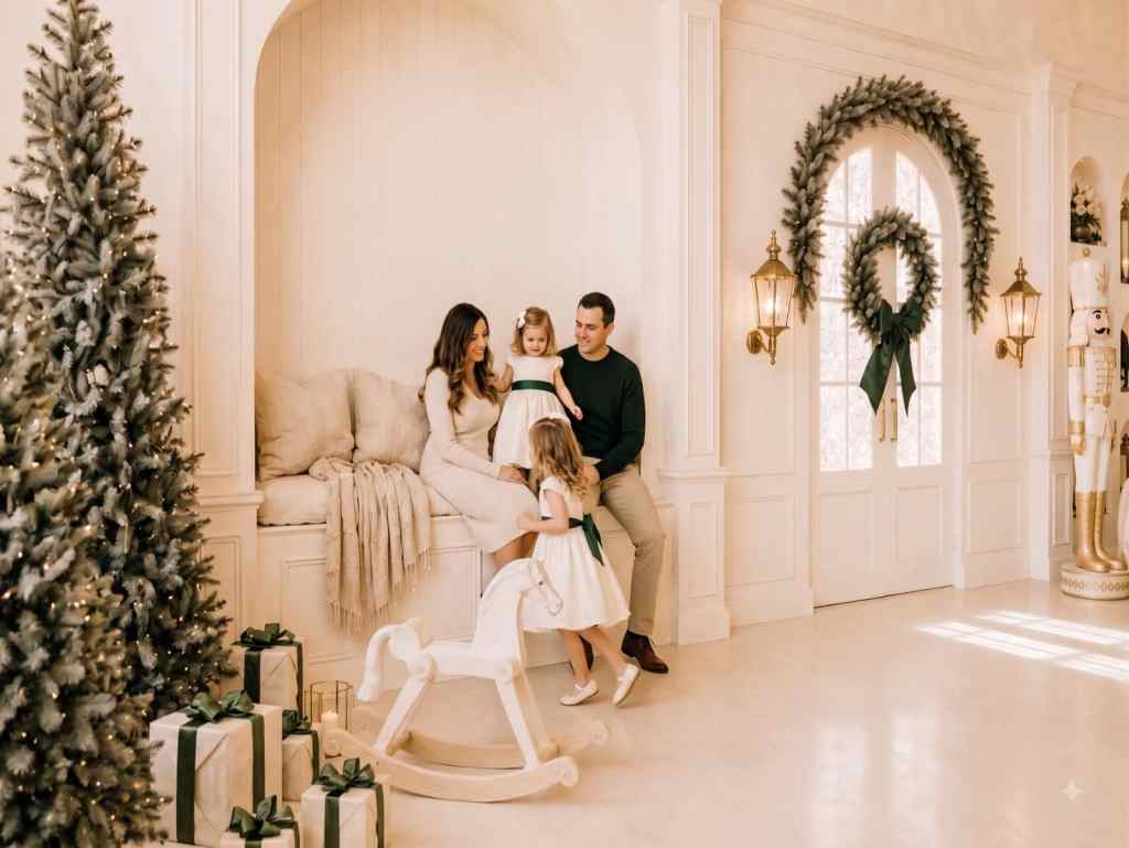 Padres y sus hijas en la banca color crema junto al caballito de madera en el set navideño El Cascanueces