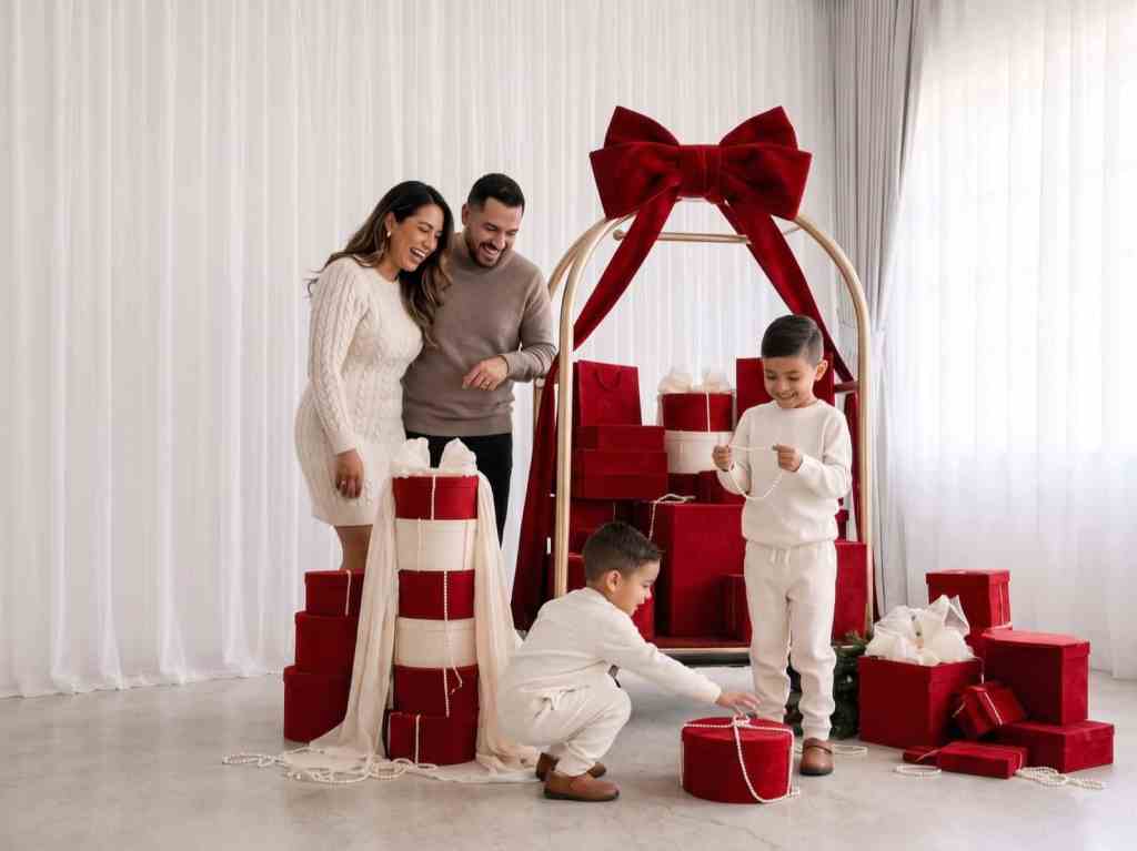 Una familia de cuatro alrededor del carrito de regalos bajo un lazo enorme de terciopelo rojo
