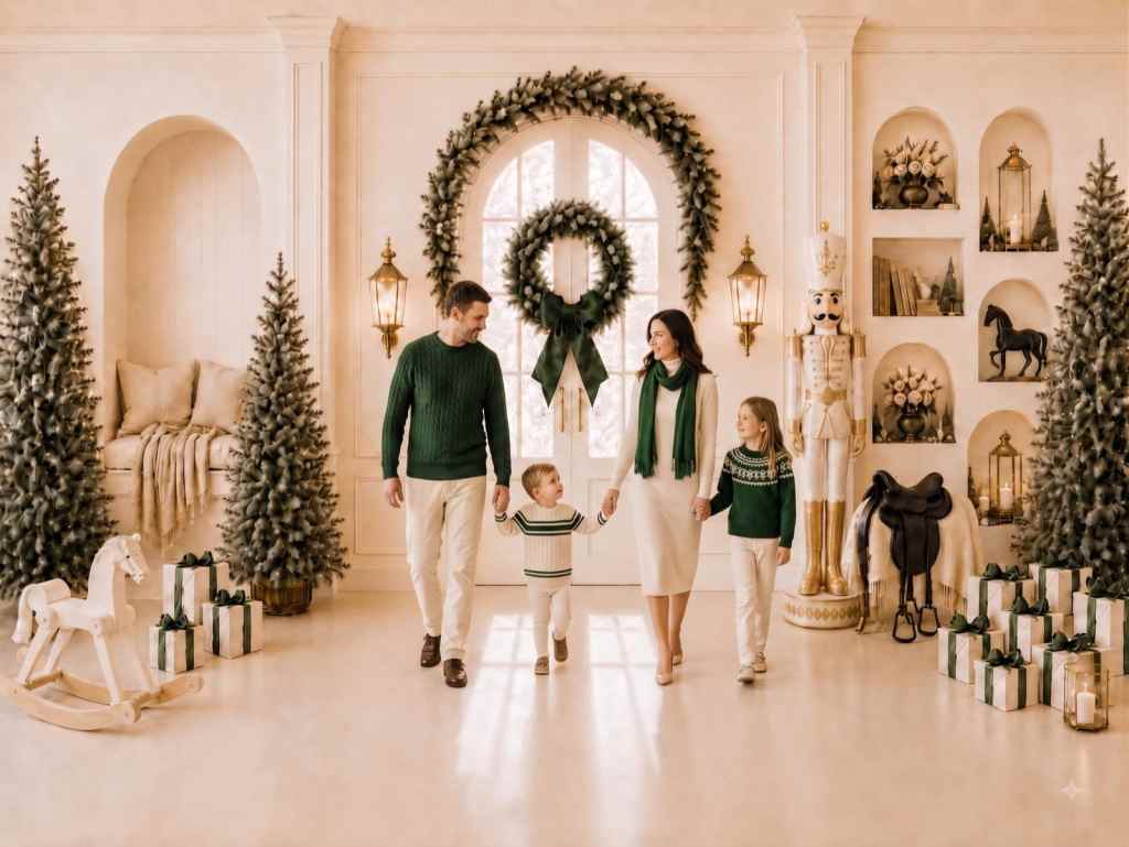 Una familia de cuatro caminando por la puerta arqueada del set navideño El Cascanueces en un estudio fotográfico privado de Miami