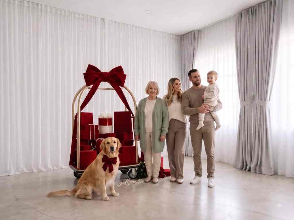 Tres generaciones de una familia con su golden retriever con lazo de terciopelo rojo junto al carrito de regalos navideño